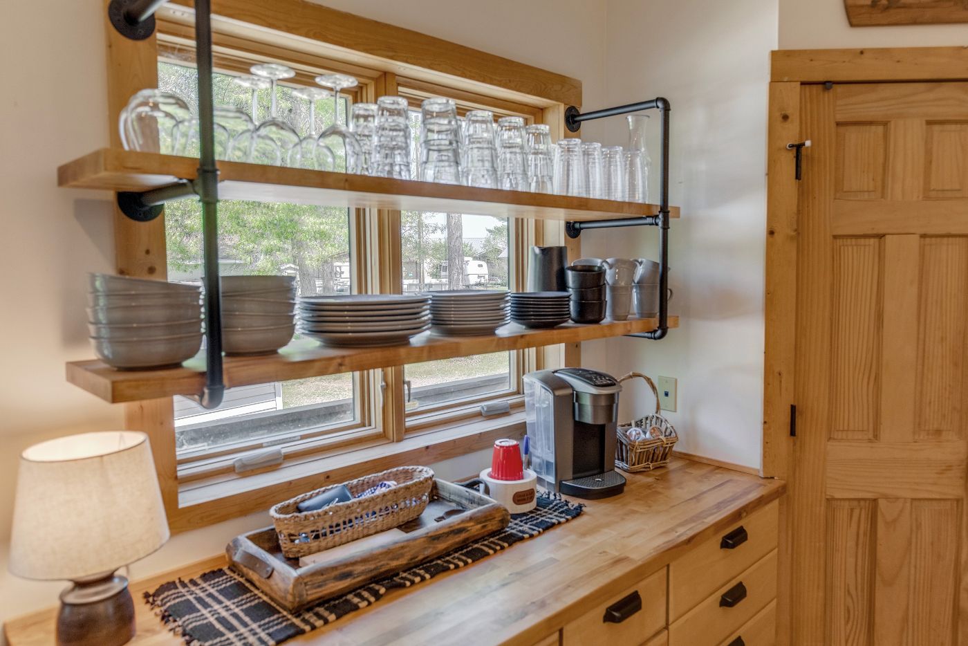 Kitchen, dining table, and island