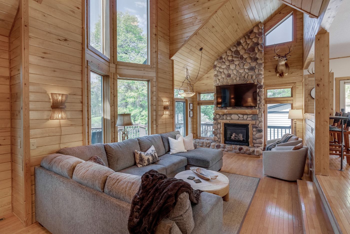 Great room with river-rock gas fireplace