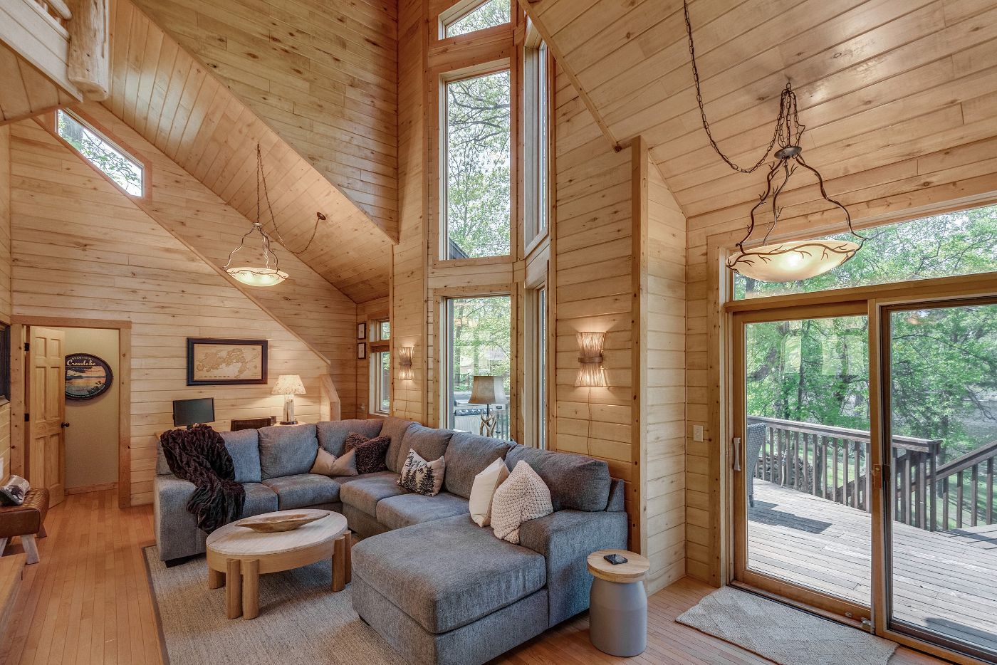 Living room with lake-view windows